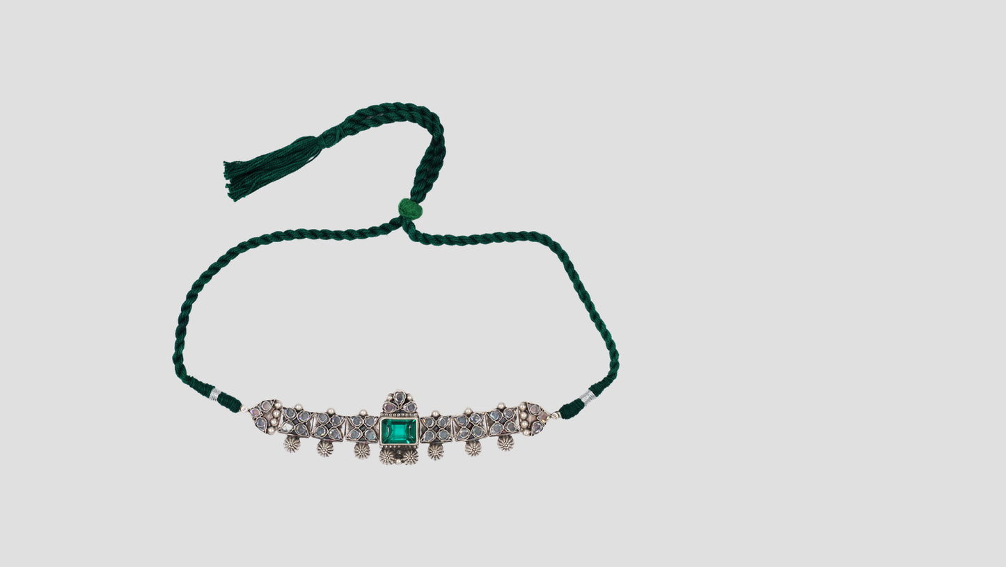 Sangeeta Boochra Handcrafted Oxidised Silver Choker with Green Stone Accent