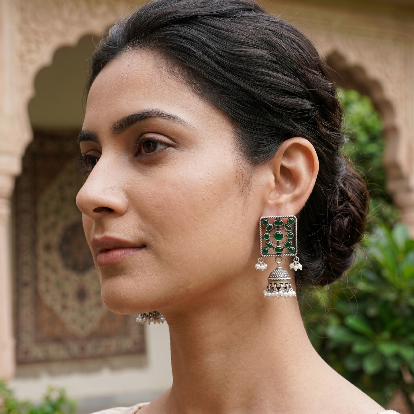 Sangeeta Boochra Handcrafted Oxidised Silver Kundan Earrings with Pearl Drops