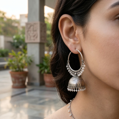 Sangeeta Boochra Classic Jhumka Hoop Earrings in Oxidized Silver