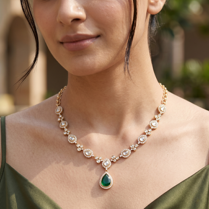 Sangeeta Boochra Royal Green Drop Moissanite Silver Set