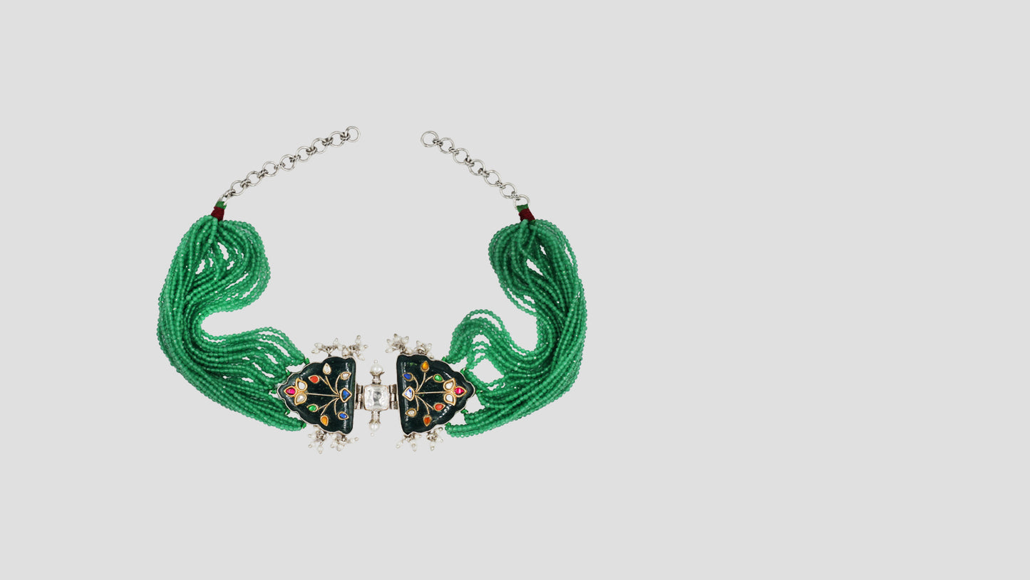 Sangeeta Boochra Handcrafted Green Bead Silver Statement Choker