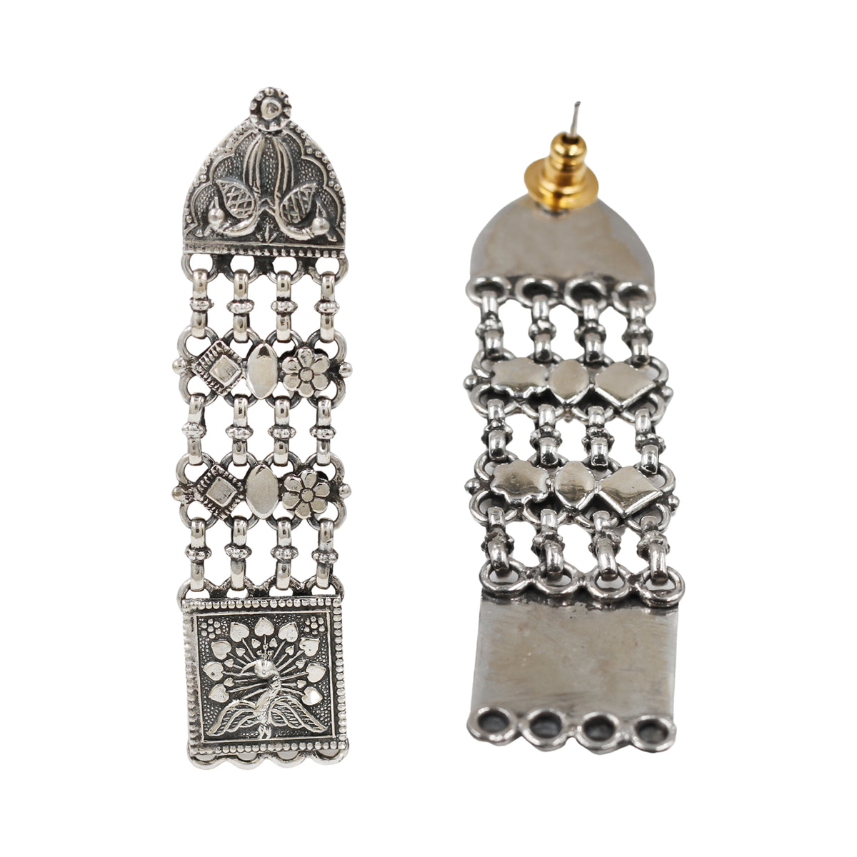 Sangeeta Boochra Handcrafted Oxidised Silver Peacock Motif Long Earrings
