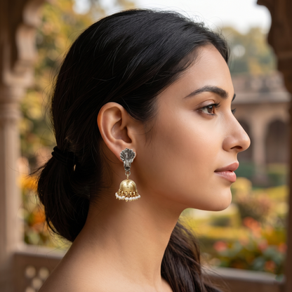 Peacock Motif Dual Plated Silver Jhumka Earrings by Sangeeta Boochra
