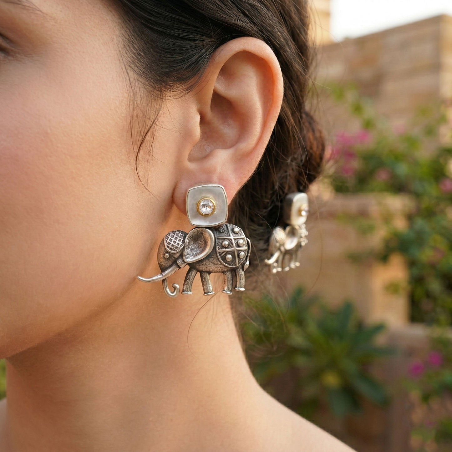Sangeeta Boochra Elephant Motif Oxidised Silver Stud Earrings
