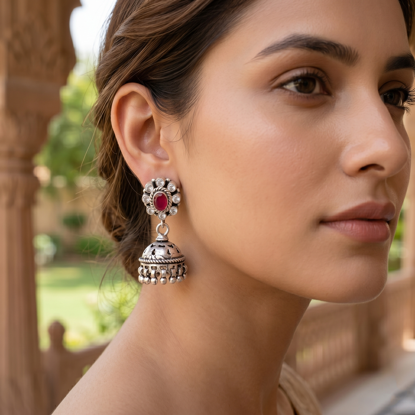 Ethnic Ruby Charm Silver Earrings by Sangeeta Boochra