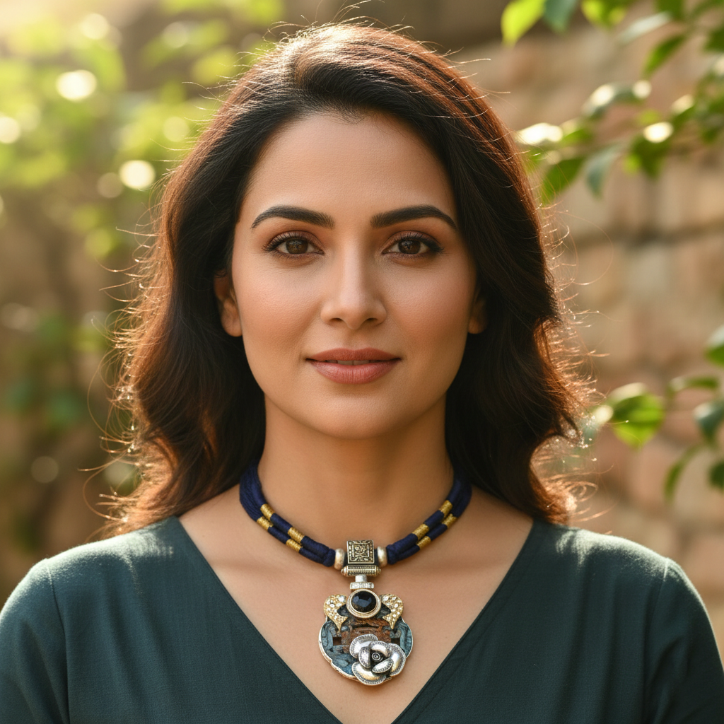 Sangeeta Boochra Handcrafted Silver Pendant with Kundan Work & Floral Design