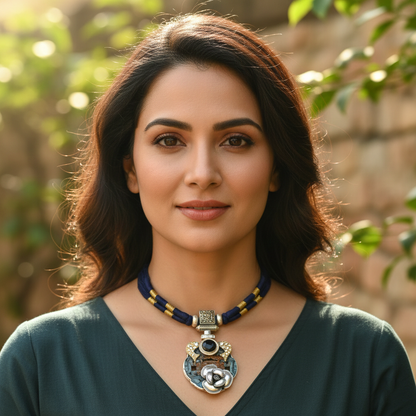 Sangeeta Boochra Handcrafted Silver Pendant with Kundan Work & Floral Design