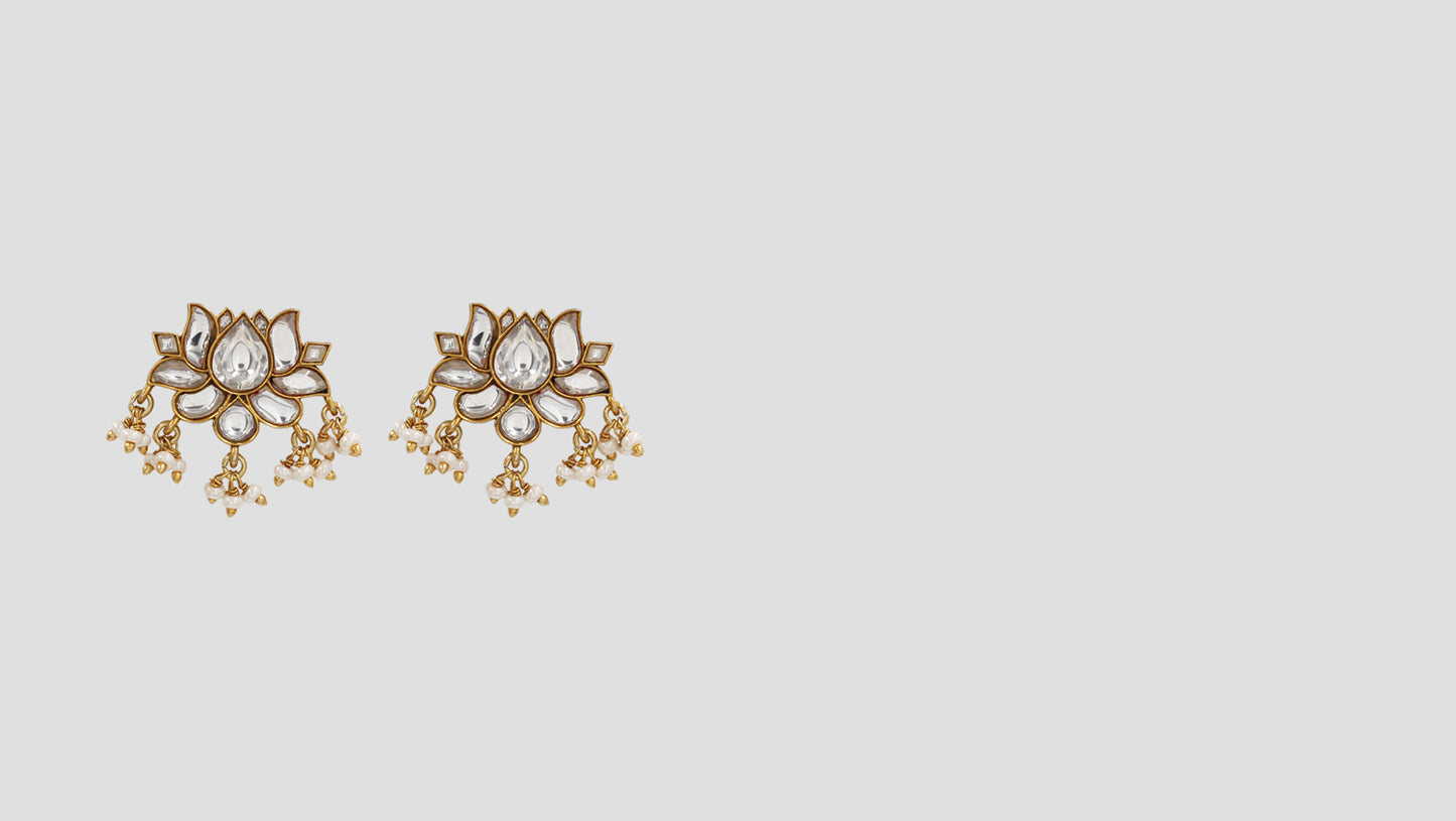 Lotus Kundan Pearl Drop Earrings in 925 Silver by Sangeeta Boochra