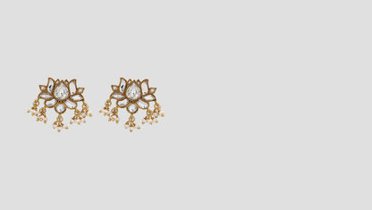 Lotus Kundan Pearl Drop Earrings in 925 Silver by Sangeeta Boochra