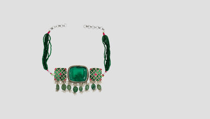 Sangeeta Boochra Handcrafted Green Bead Silver Statement Choker