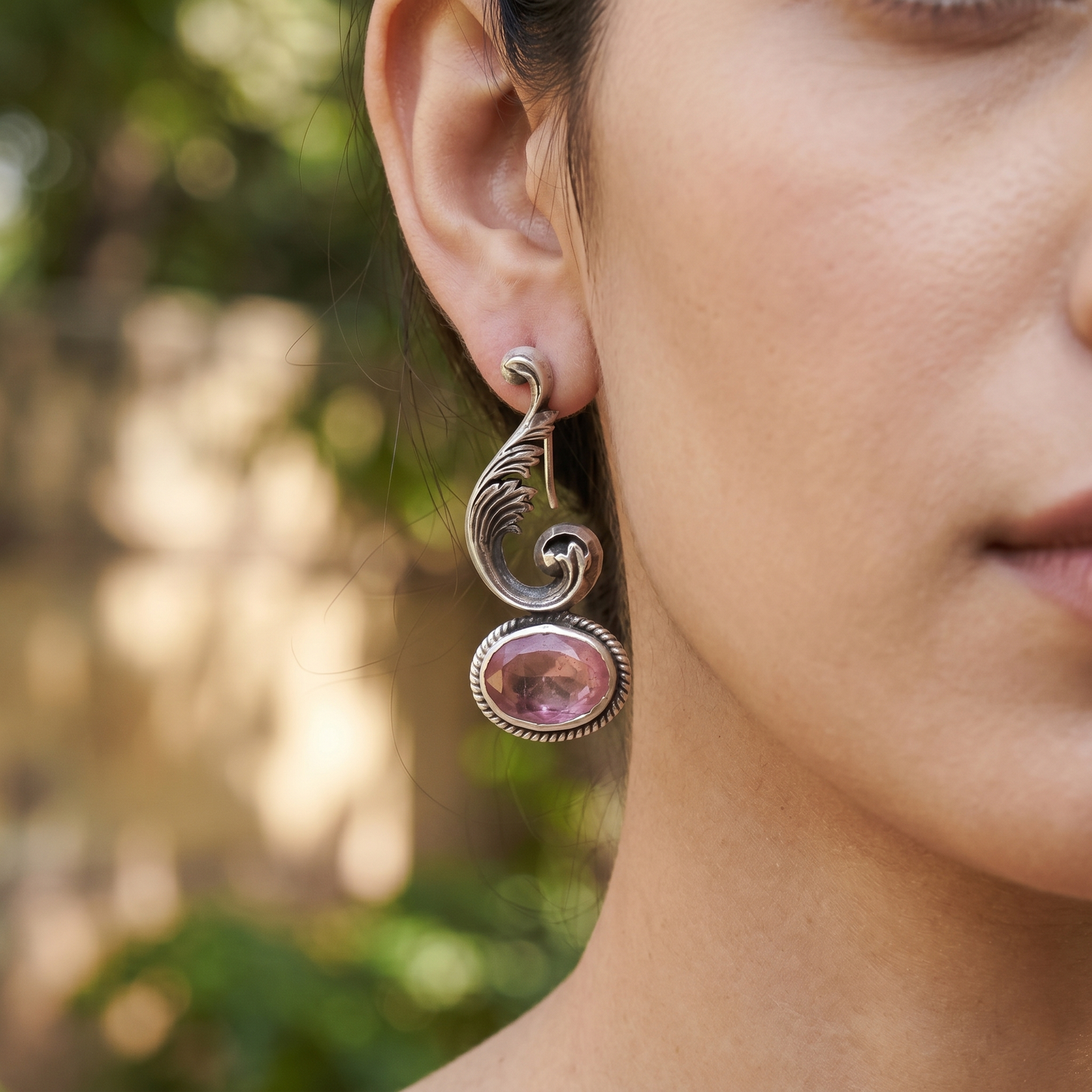 Sangeeta Boochra Classic Oxidised Silver Earrings with Oval Pink Stone