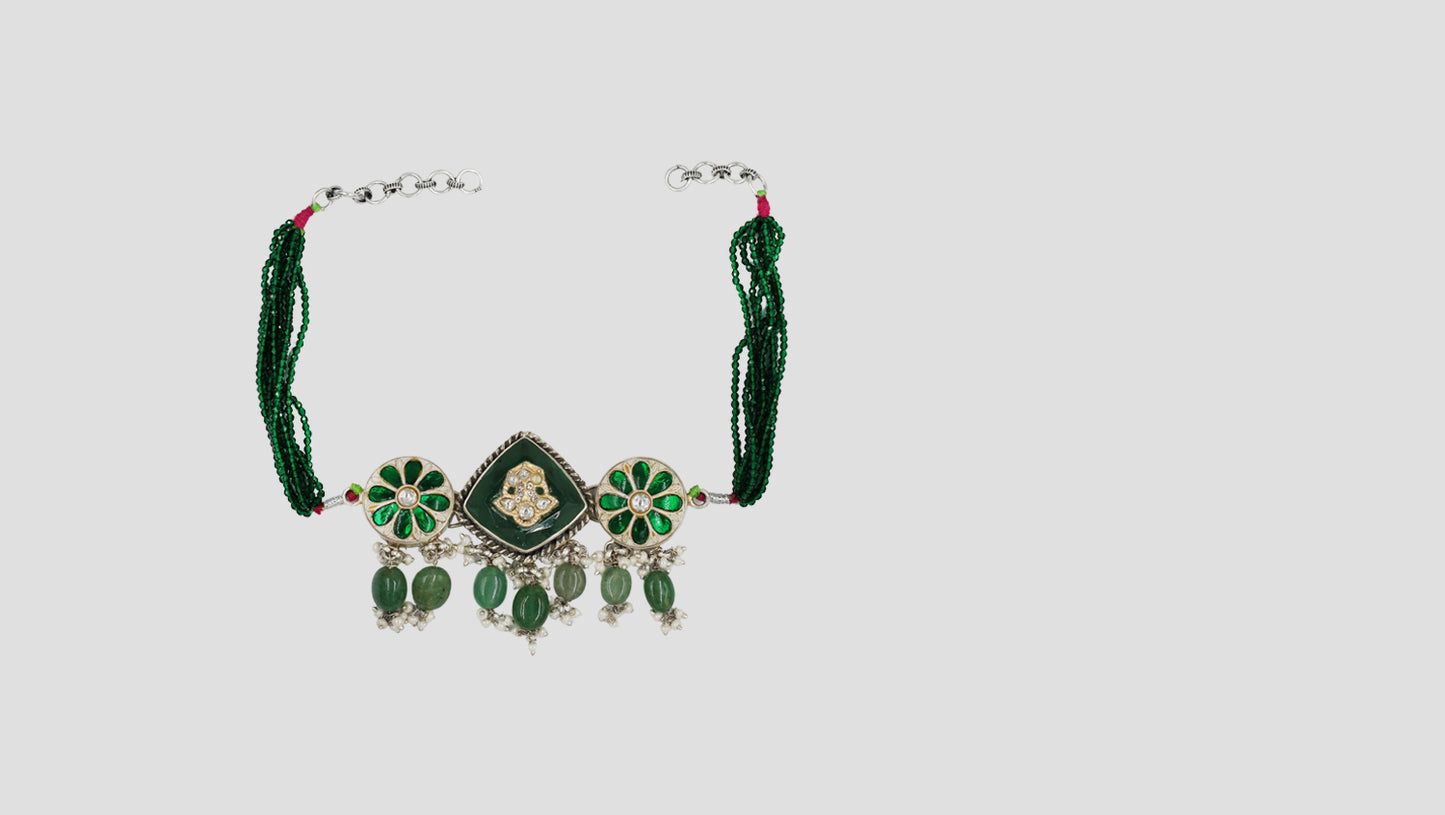 Sangeeta Boochra Floral Motif Silver Choker with Green Beads