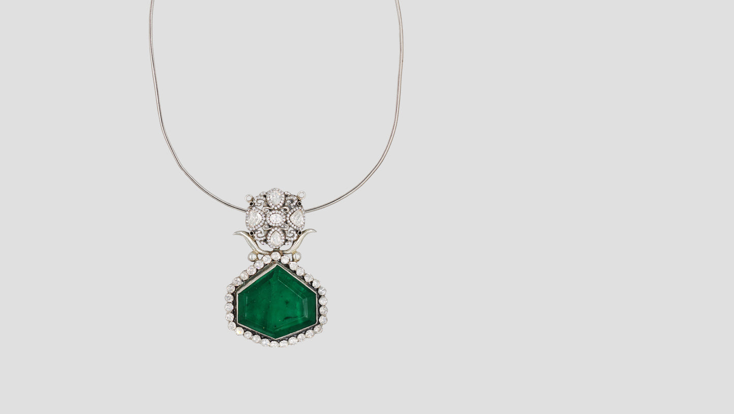 Sangeeta Boochra Handcrafted Moissanite Silver Pendant with Green Stone Accent