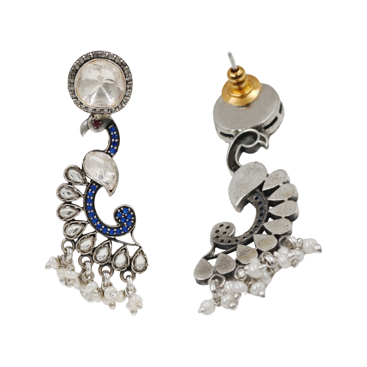 Sangeeta Boochra Peacock-Inspired Silver Earrings with Moissanite & Kundan