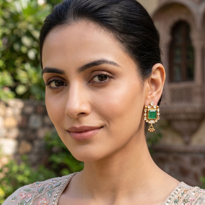 Sangeeta Boochra Gold Plated Sterling Silver Statement Earrings with Green Stone & Moissanite
