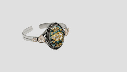 Sangeeta Boochra Handcrafted Silver Bracelet with Turquoise Centerpiece & Floral Motif