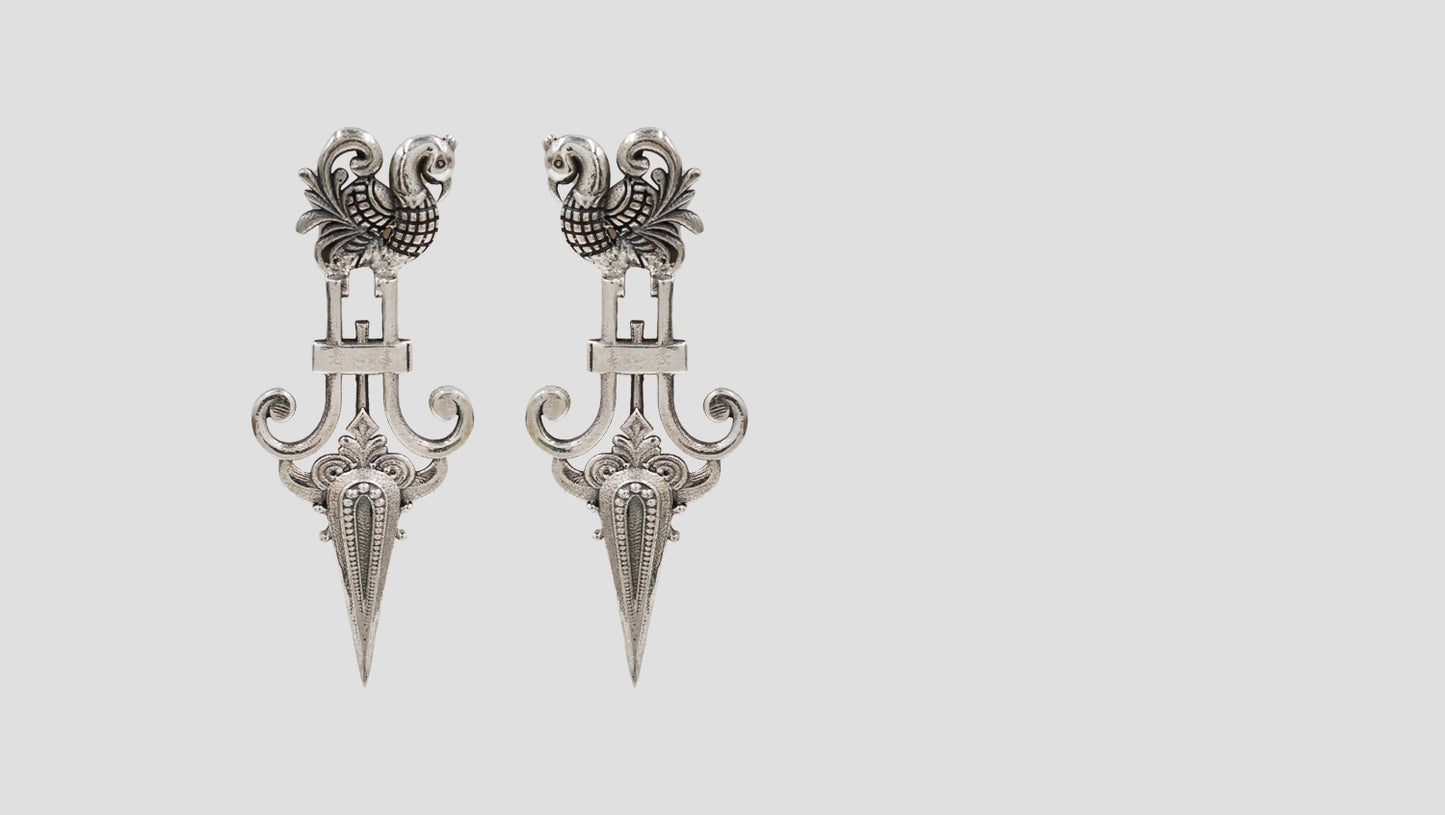 Sangeeta Boochra Handcrafted Oxidised Silver Peacock Motif Statement Earrings