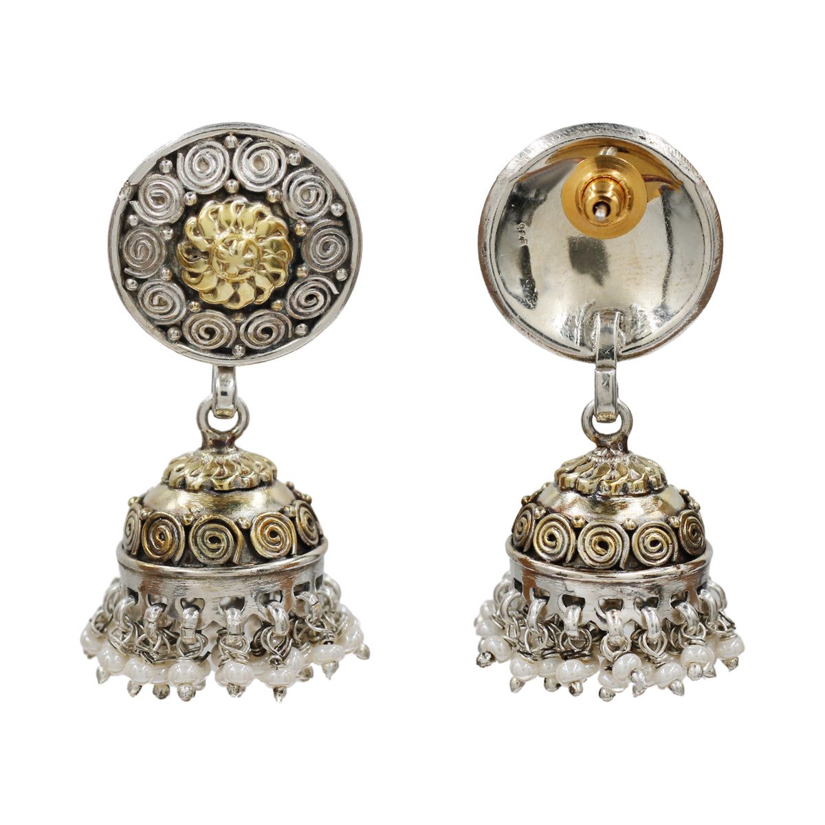 Sangeeta Boochra Dual-Tone Oxidised Jhumka Earrings with Pearl Drops