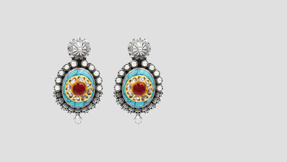 Sangeeta Boochra Handcrafted Silver Earrings with Turquoise and Red Stone