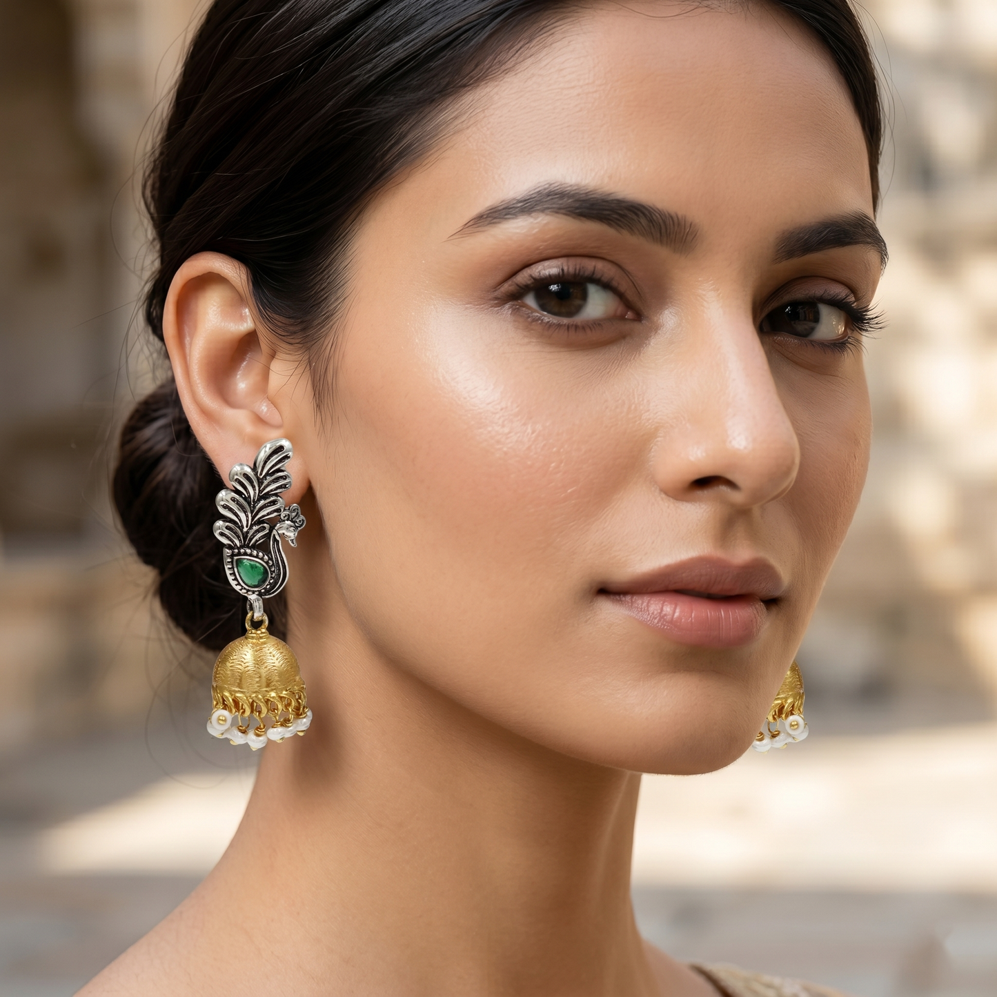 Sangeeta Boochra Dual Plated Peacock Jhumka Earrings