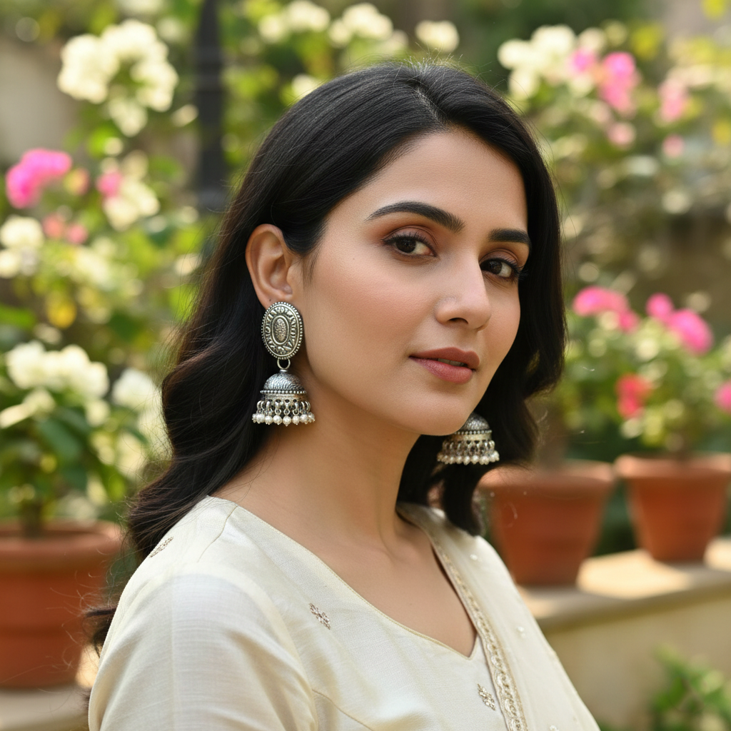 Elegant Oxidised Silver Jhumka Earrings with Oval Stud – Sangeeta Boochra