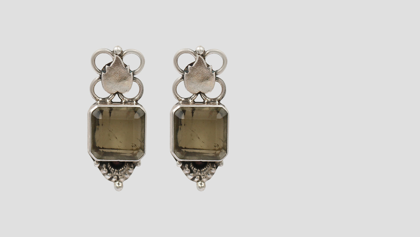 Sangeeta Boochra Heritage Silver Earrings – Floral Motif with Smoky Quartz
