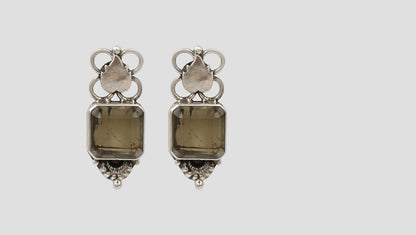Sangeeta Boochra Heritage Silver Earrings – Floral Motif with Smoky Quartz