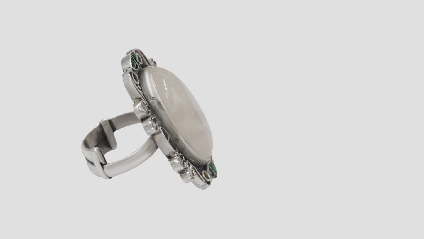 Sangeeta Boochra Handcrafted Oval Cabochon Silver Ring with Kundan Work