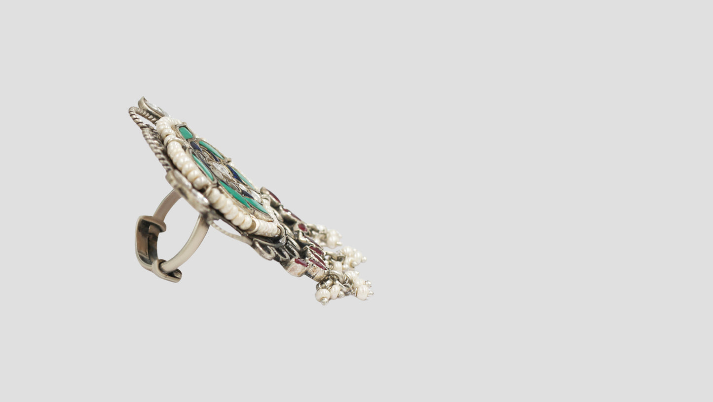 Sangeeta Boochra Handcrafted Silver Floral Kundan Ring