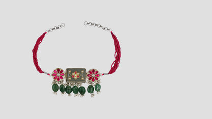 Sangeeta Boochra Red Beaded Silver Choker with Floral Motifs