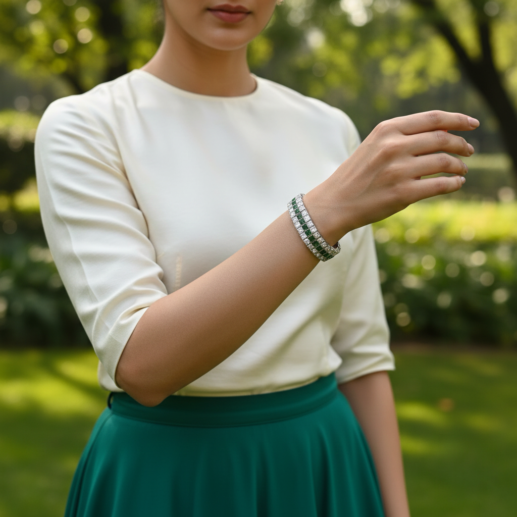 Sangeeta Boochra Classic Green Kundan Silver Bracelet