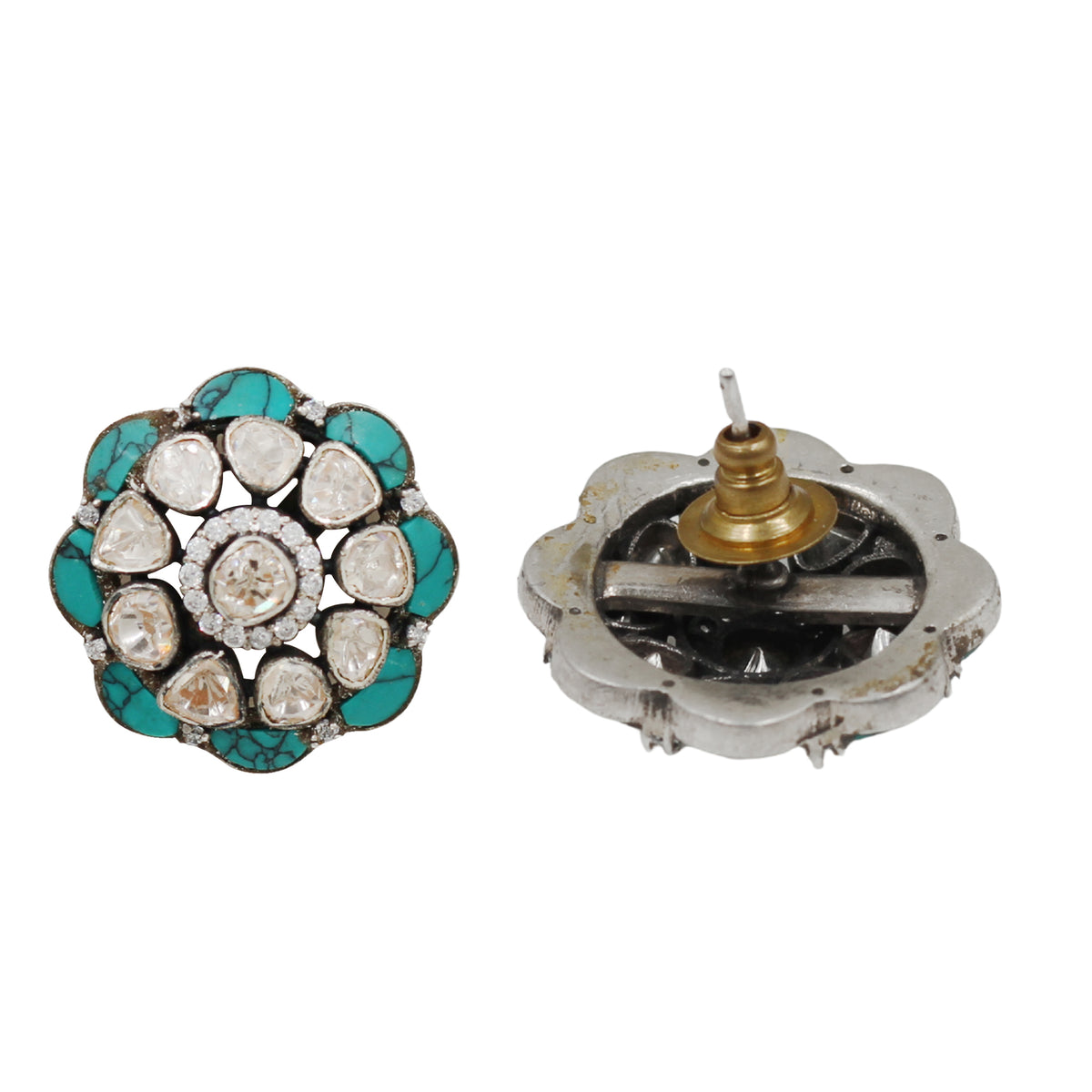 Sangeeta Boochra Turquoise & Moissanite Floral Silver Stud Earrings
