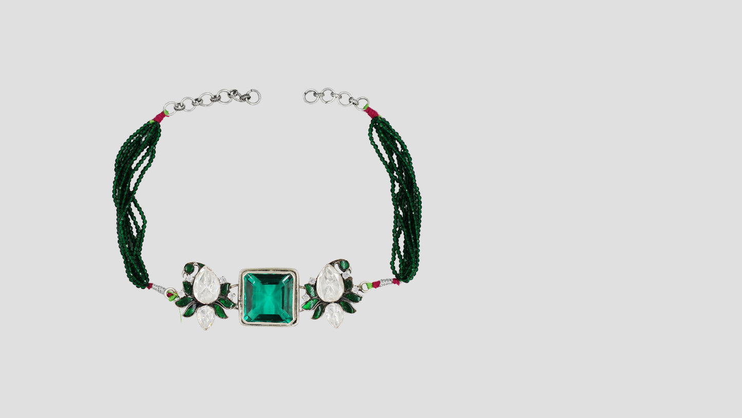 Sangeeta Boochra Multi-Strand Green Bead Silver Choker