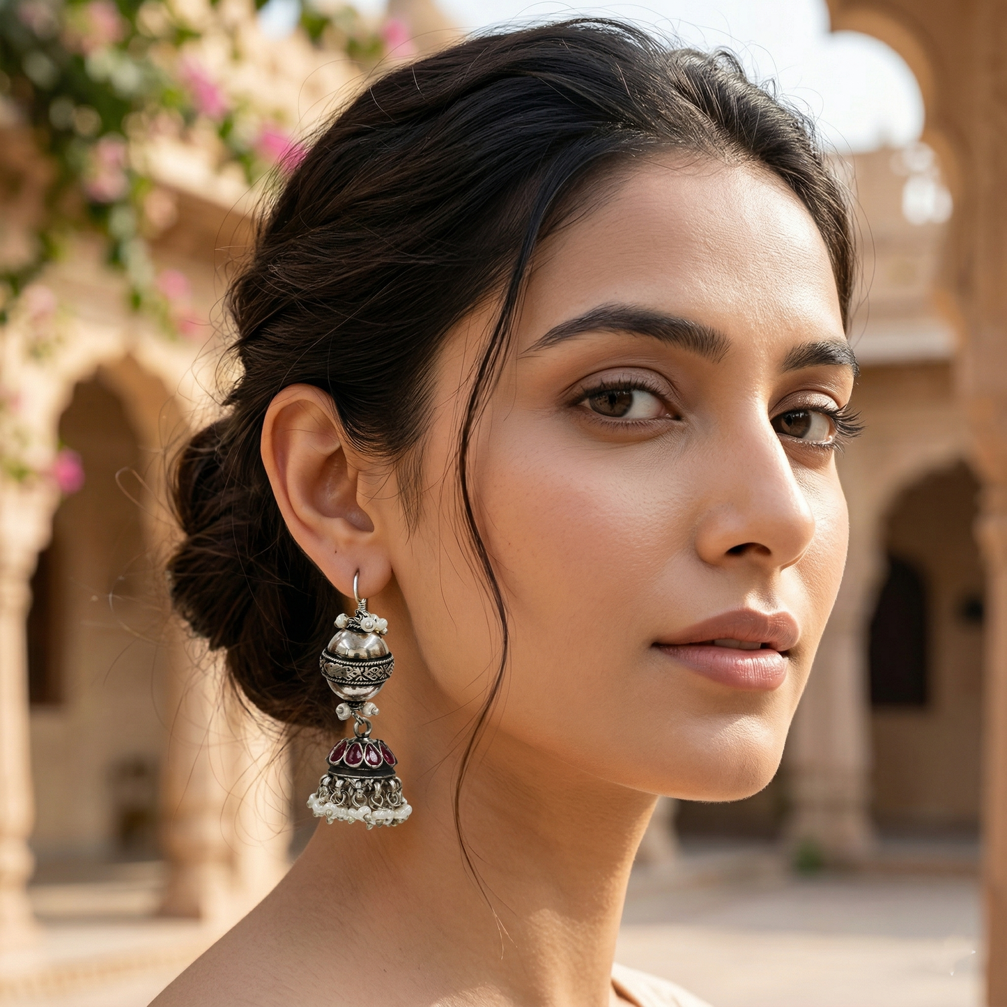 Sangeeta Boochra Traditional Oxidised Silver Pearl Drop Earrings