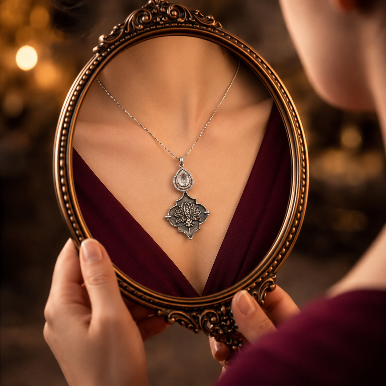 Sangeeta Boochra Oxidised Sterling Silver Lotus Pendant with Pear Moissanite