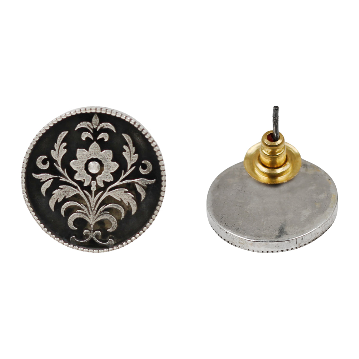 Sangeeta Boochra Handcrafted Oxidised Silver Engraved Floral Stud Earrings