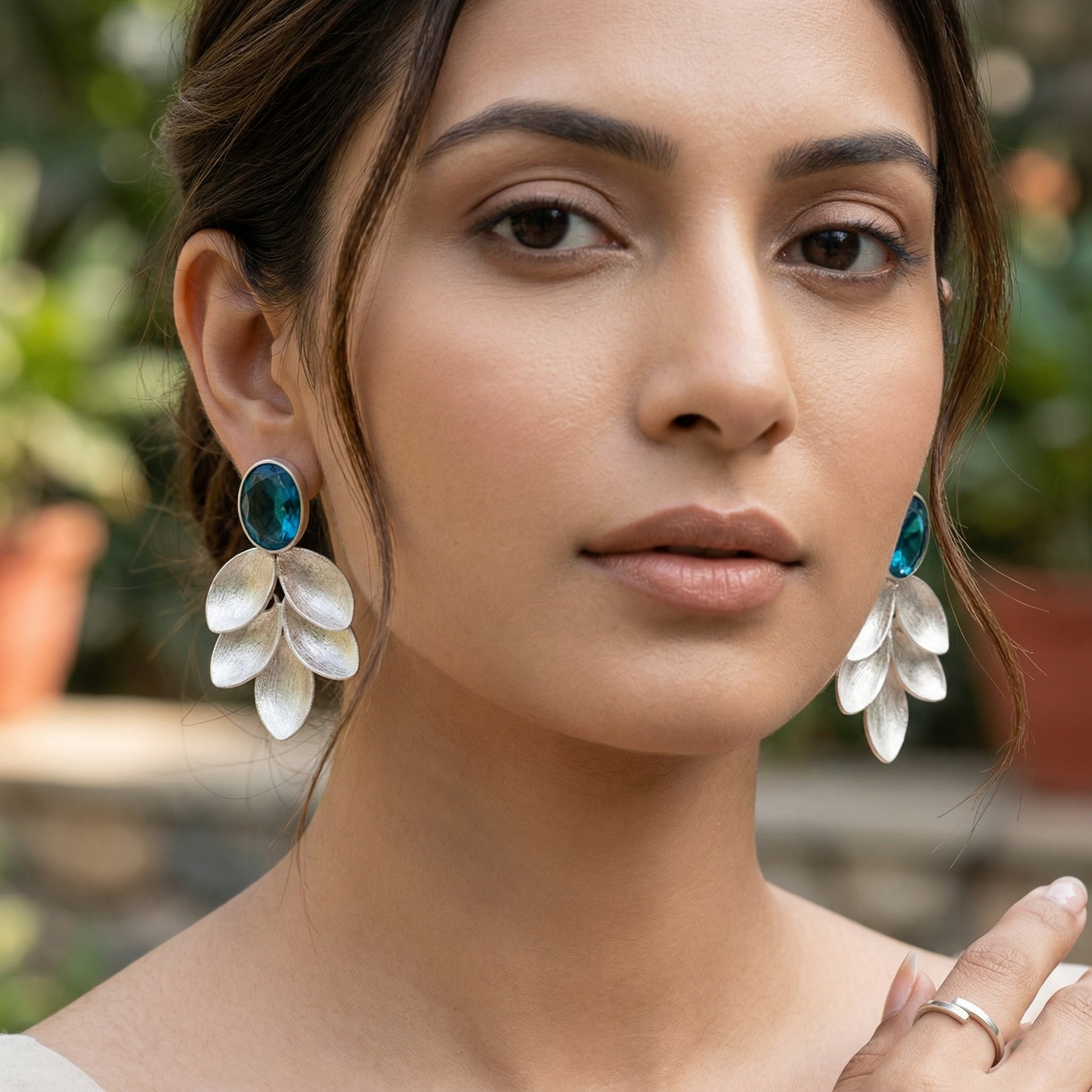 Sangeeta Boochra Oxidised Silver Blue Stone Floral Drop Earrings