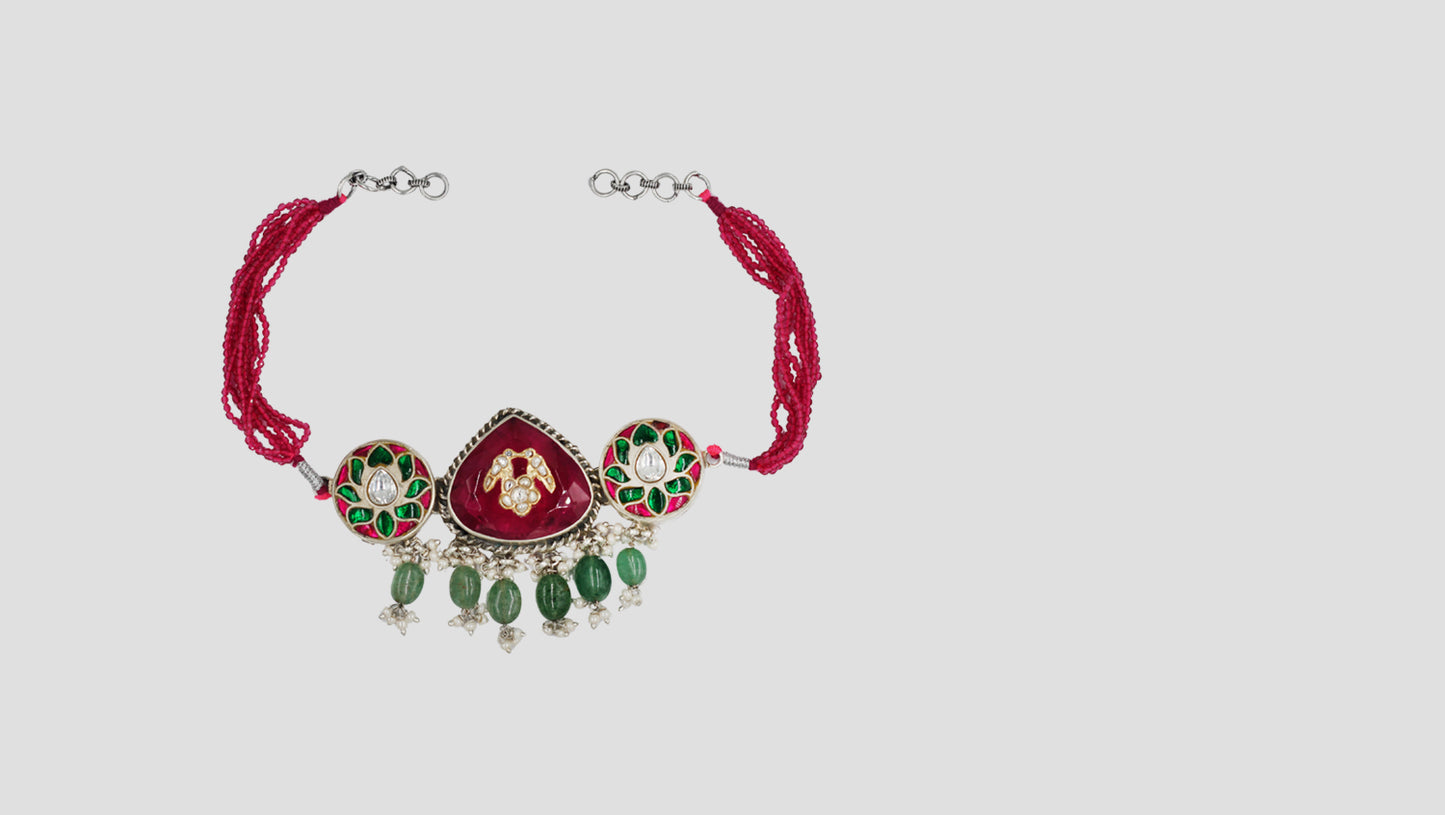 Sangeeta Boochra Handcrafted Red Bead Silver Choker with Green Drops