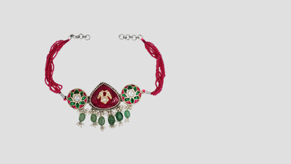 Sangeeta Boochra Handcrafted Red Bead Silver Choker with Green Drops