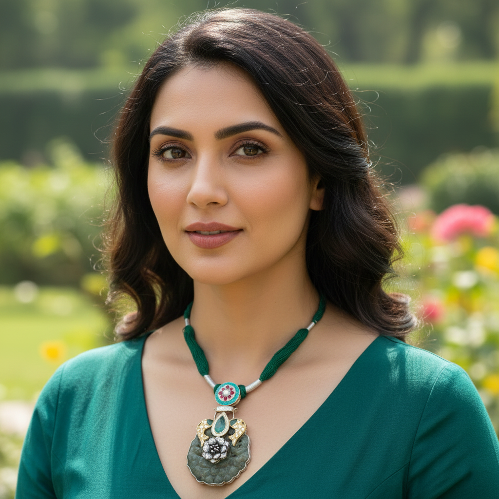 Sangeeta Boochra Handcrafted Silver Pendant with Kundan Work & Floral Design