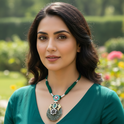 Sangeeta Boochra Handcrafted Silver Pendant with Kundan Work & Floral Design