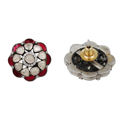 Sangeeta Boochra Handcrafted Silver Floral Earrings with Red Kundan & Moissanite