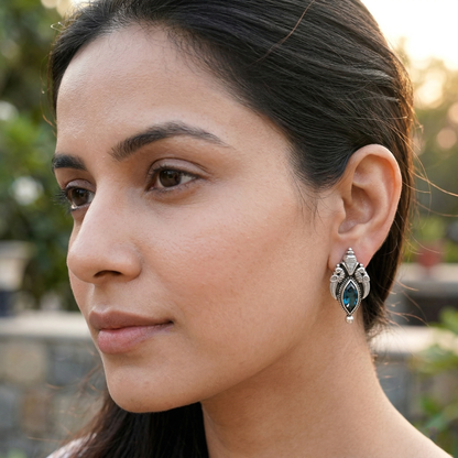 Sangeeta Boochra Vintage Oxidised Silver Peacock Motif Earrings