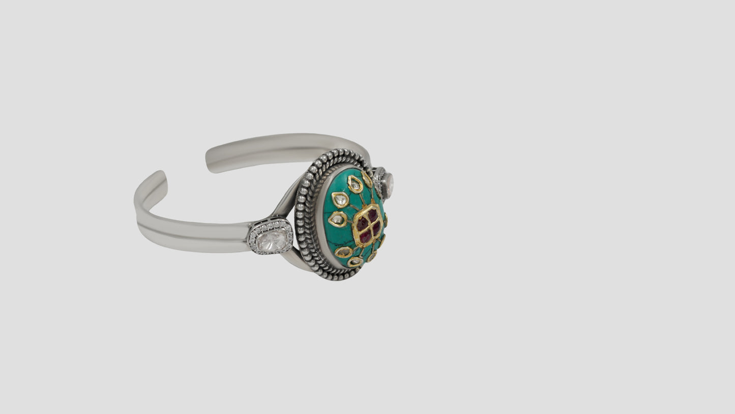 Sangeeta Boochra Silver Statement Bracelet with Turquoise-Tone Stone & Kundan Detailing