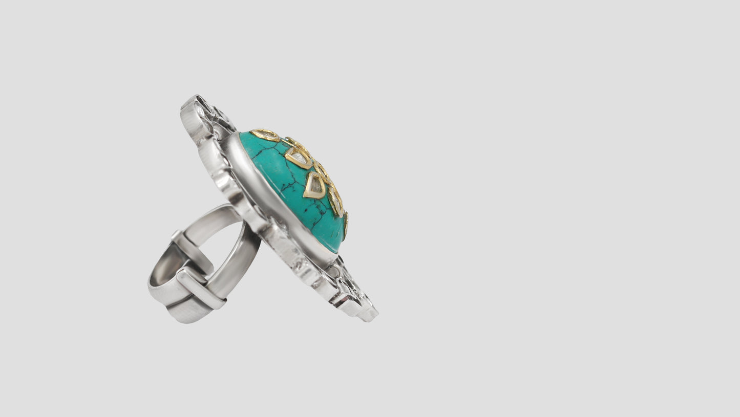 Sangeeta Boochra Handcrafted Turquoise & Kundan Silver Ring