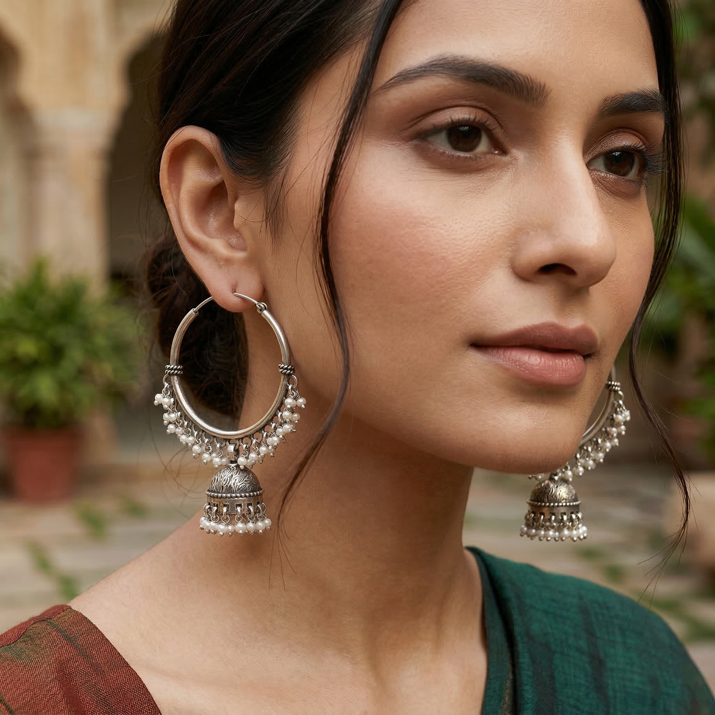 Contemporary Tribal Silver Hoop Jhumka Earrings
