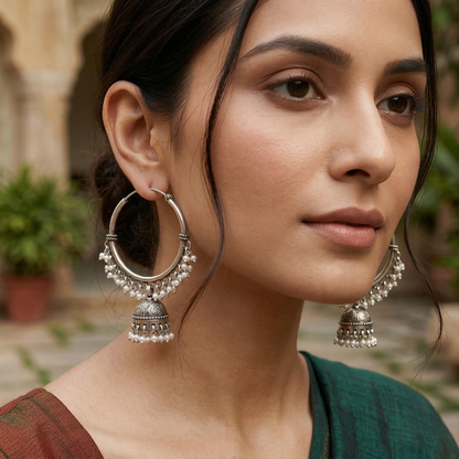 Contemporary Tribal Silver Hoop Jhumka Earrings