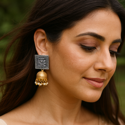 Floral Motif Silver Stud with Gold Jhumka Drops – Sangeeta Boochra