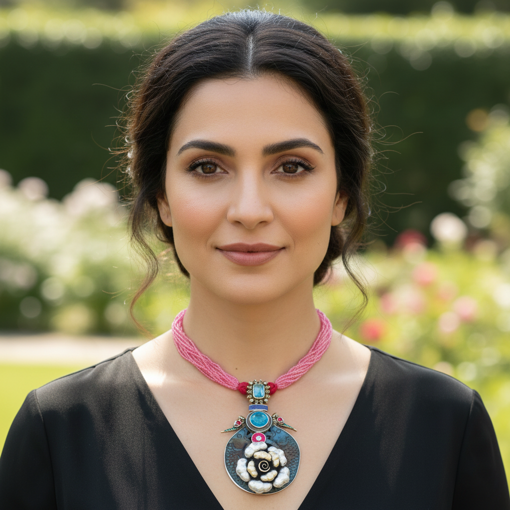 Sangeeta Boochra Pink Beaded Silver Pendant Necklace with Floral Detailing