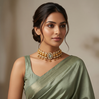 Sangeeta Boochra Artisan Gold Plated Silver Floral Statement Choker with Moissanite Detailing